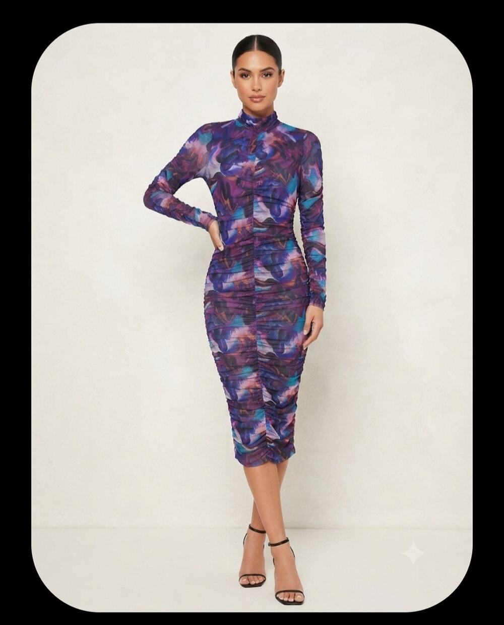 bebe Purple/Blue/Pink Abstract Mesh Ruched Bodycon Midi Dress High Neck S